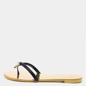 Pre Owned Giuseppe Zanotti Black Suede Jewel Embellished Thong Flat Sandals Size 39