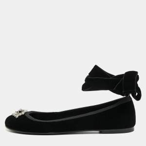 Giuseppe Zanotti Black Velvet Giorgia Crystal Brooch Ankle Wrap Ballet Flats Size 41