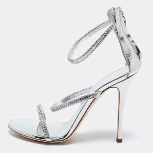 Pre Owned Giuseppe Zanotti Silver Crystal Embellished Leather Alien Ankle Strap Sandals Size 38