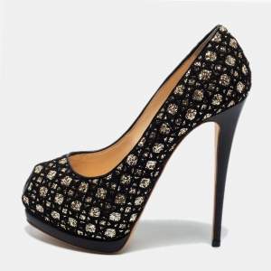 Giuseppe Zanotti Black Sharon Glitter And Lace Liza Peep Toe Platform Pumps Size 41