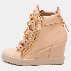 Giuseppe Zanotti Beige Leather Chain Detail High Top Wedge Sneakers Size 41