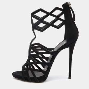 Giuseppe Zanotti Black Suede Cutout Caged Ankle Strap Sandals Size 38