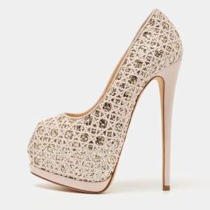 Pre Owned Giuseppe Zanotti Pink Glitter Lace Sharon Platform Peep Toe Pumps Size 36