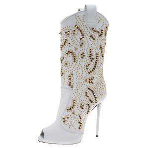 Pre Owned Giuseppe Zanotti White Studded Leather Coline Peep Toe Mid Calf Boots Size 37