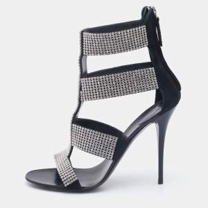 Pre Owned Giuseppe Zanotti Black Suede  Crystal Embellished Ankle Strap Sandals  Size 37