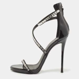 Pre Owned Giuseppe Zanotti Black Patent Crystal Embellished Ankle Wrap Sandals Size 35