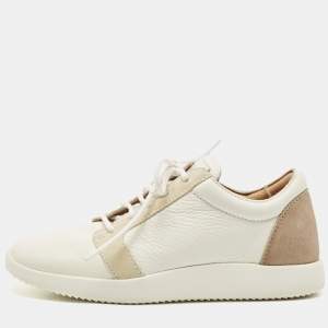 Pre Owned Giuseppe Zanotti Tricolor Leather and Suede Logo Print Low Top Sneakers Size 37