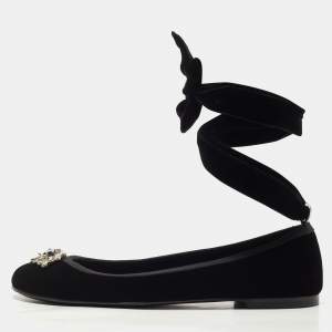 Pre Owned Giuseppe Zanotti Black Velvet Giorgia Crystal Embellished Ankle Wrap Ballet Flats Size 41