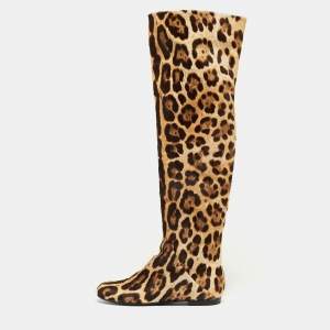 Pre Owned Giuseppe Zanotti Brown/Beige Leopard Calf Hair Knee Length Boots Size 38