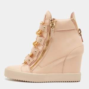 Pre Owned Giuseppe Zanotti Beige Leather Chain Detail High Top Wedge Sneakers Size 41