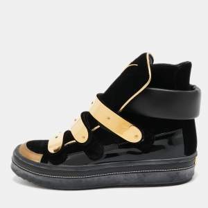 Pre Owned Giuseppe Zanotti Black Velvet and Leather Metal Plate High Top Sneakers Size 38.5