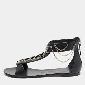 Giuseppe Zanotti Black Leather Roll Chain Flat Sandals Size 41