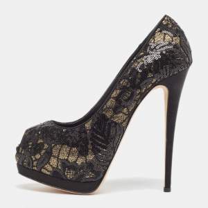 Giuseppe Zanotti Black/Gold Sequins Embellished Lace Sharon Peep Toe Platform Pumps Size 39.5