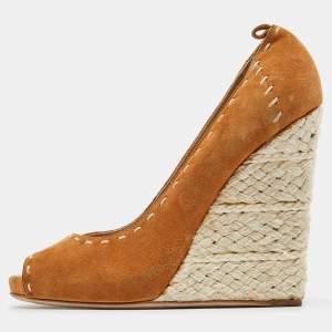 Giuseppe Zanotti Brown Suede Espadrille Wedge Ankle Strap Peep Toe Pumps Size 39