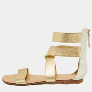 Giuseppe Zanotti Gold/White Python Embossed Leather Ankle Cuff Flat Sandals Size 38