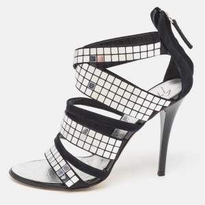 Pre Owned Giuseppe Zanotti Black/Silver Suede Mirror Strappy Sandals Size 39