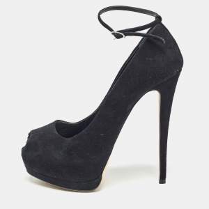Pre Owned Giuseppe Zanotti Black Suede Peep Toe Platform Ankle Strap Pumps Size 38.5