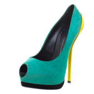 Pre Owned Giuseppe Zanotti Two Tone Suede Peep Toe Platform Pumps Size 38