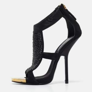 Giuseppe Zanotti Black Satin and Suede Crystal Embellished Ankle Strap Sandals Size 36.5