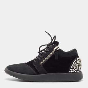 Pre Owned Giuseppe Zanotti Black Suede and Velvet Crystal Embellished Double Zip Low Top Sneakers Size 37.5
