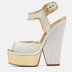 Pre Owned Giuseppe Zanotti White/Gold Croc Embossed Leather Ankle Strap Sandals Size 37