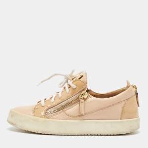 Giuseppe Zanotti Beige Leather Patent and Leather May London Lace Up Sneakers Size 38