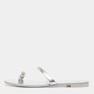 Giuseppe Zanotti Silver Leather Crystal Embellished Toe Ring Flats Size 38