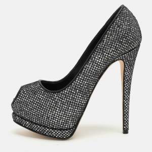 Giuseppe Zanotti Silver/Black Glitter and Leather Platform Pumps Size 38