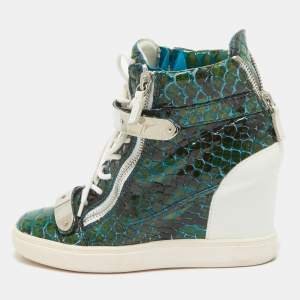 Giuseppe Zanotti Green/White Python Embossed Patent Leather and Suede Coby Wedge Sneakers Size 40