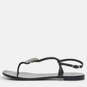 Giuseppe Zanotti Black Leather Emmy Lou Flat Sandals Size 38.5