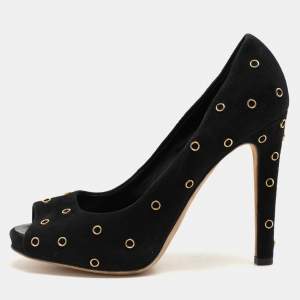 Giuseppe Zanotti Black Suede Embellished Peep Toe Pumps Size 37.5