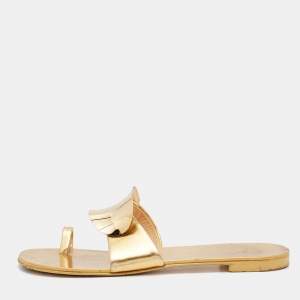 Giuseppe Zanotti Gold Leather Toe Ring Flat Slides Size 39