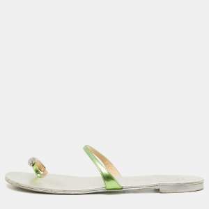 Giuseppe Zanotti Green Leather Crystal Embellished Toe Ring Flat Slides Size 41