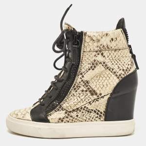 Giuseppe Zanotti Cream/Black Leather and Python Embossed Leather Coby Sneakers Size 36.5