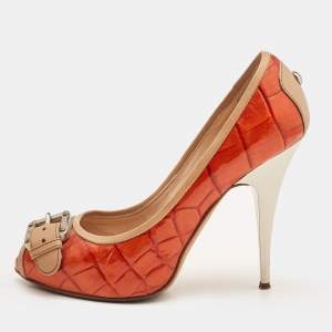 Pre Owned Giuseppe Zanotti Orange Embossed Croc Buckle Detail Peep Toe Pumps Size 37