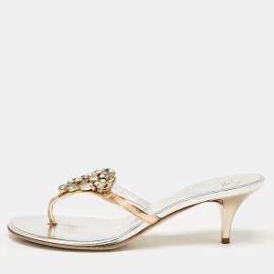 Giuseppe Zanotti Silver Leather Slide Crystal Embellished Sandals Size 38.5