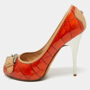 Giuseppe Zanotti Orange Croc Embossed Leather Buckle Detail Peep Toe Pumps Size 38.5