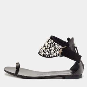 Giuseppe Zanotti Black Suede and Leather Crystal Embellished Ankle Wrap Flat Sandals Size 36