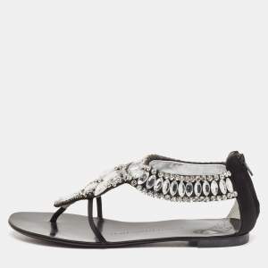 Giuseppe Zanotti Black Satin Crystal Embellished Ankle Strap Flat Sandals Size 36.5