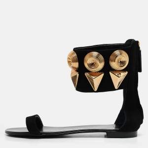 Giuseppe Zanotti Black Suede Crystal Embellished Ankle Strap Flat Sandals Size 36