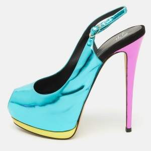 Giuseppe Zanotti Blue Leather Slingback Peep Toe Platform Pumps Size 39