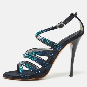 Giuseppe Zanotti Black Satin Crystal Embellished Ankle Strap Sandals Size 37.5