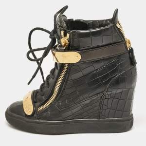 Giuseppe Zanotti Black Croc Embossed Leather Lorenze Wedge Sneakers Size 37
