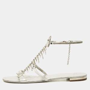 Pre Owned Giuseppe Zanotti Silver Leather Fishbone Embellished Ankle Strap Sandals Size 36