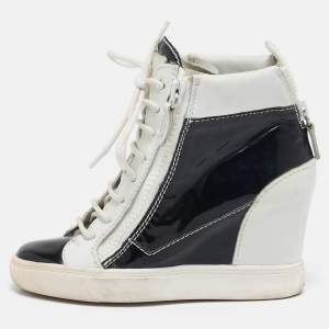 Giuseppe Zanotti Black/White Leather and Patent Leather Lorenz Wedge Sneakers Size 36