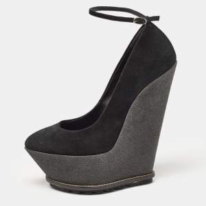 Giuseppe Zanotti Black Suede Wedge Platform Ankle Strap Pumps Size 39
