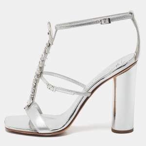 Pre Owned Giuseppe Zanotti Silver Leather Fishbone Embellished Ankle Strap Sandals Size 37