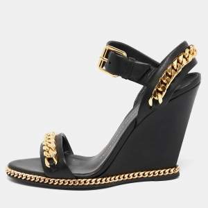 Pre Owned Giuseppe Zanotti Black Leather Chain Link Detail Wedge Ankle Strap Sandals Size 38