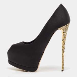 Giuseppe Zanotti Black Satin Platform Peep Toe Pumps Size 38.5