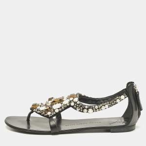 Giuseppe Zanotti Black Leather Crystal Embellished Flat Sandals Size 40